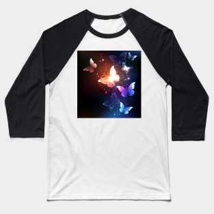 Glowing Night Butterflies on Black Background Baseball T-Shirt